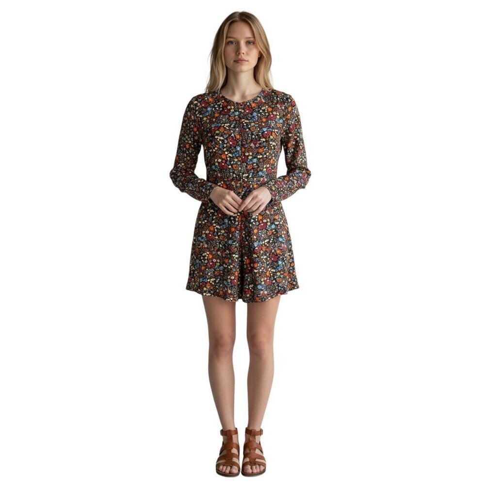 Zara Trafaluc Floral Button Front Romper Black Long Sleeve Size S Boho